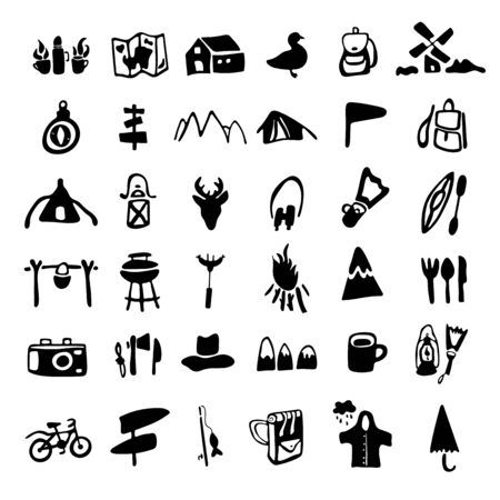 Vector camping icons set for maps, websites and print. Travel images in doodle style. Eco frienly and ethic tourism. Fishing, kayaking, tracking - a school of survival in the wild.のイラスト素材
