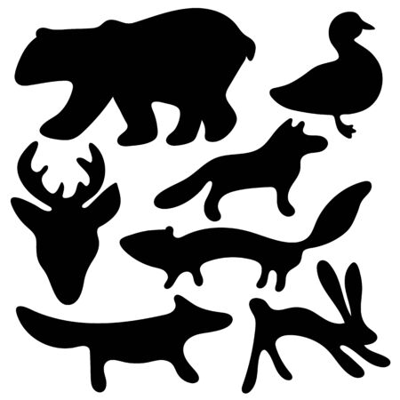 Collection of cartoon forest vector animals black and white silhouettes - Bear, Deer, Fox, Wolf, Hare, Mink and Duck. For your design, kindergarden, print, t-shirt.のイラスト素材