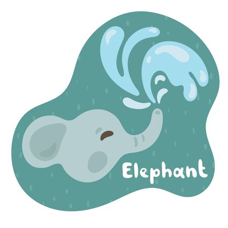 A little elephant releases a water fountain and smiles. Kid elephant in flat style. Text elephant in green speech bubble. Illustration for cards, animal abc, kids room.のイラスト素材