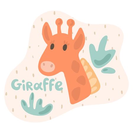 A little giraffe looks out through a bush and sees surprisingly. Kid giraffe in flat style. Text giraffe in an ivory speech bubble. Isolated images for cards, animal ABC, kids room, education, games.のイラスト素材