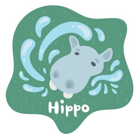 A little baby hippo emerged from the water and and made a lot of spray. Kid hippo in flat style. Text hippo in an green speech bubble. Isolated images for cards, animal ABC, kids room, education gamesのイラスト素材