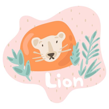 A little lion looks out through a bush and sees surprisingly. Kid lion in flat style. Text lion in an tender rose speech bubble. Isolated images for cards, animal ABC, kids room, education, games.のイラスト素材