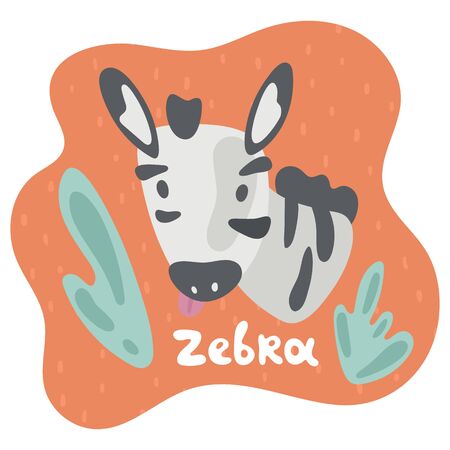 A little baby zebra looks out through a bush and sees surprisingly. Kid zebra in flat style. Text zebra in an orange speech bubble. Isolated images for cards, animal ABC, kids room, education, games.のイラスト素材