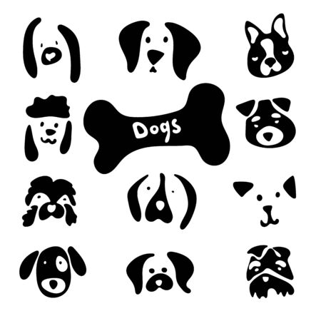 Dog breed stock set with cartoon emotions and lovely faces. Vector images of dogs head on white background for your design. Clipart stock black and white icons.のイラスト素材