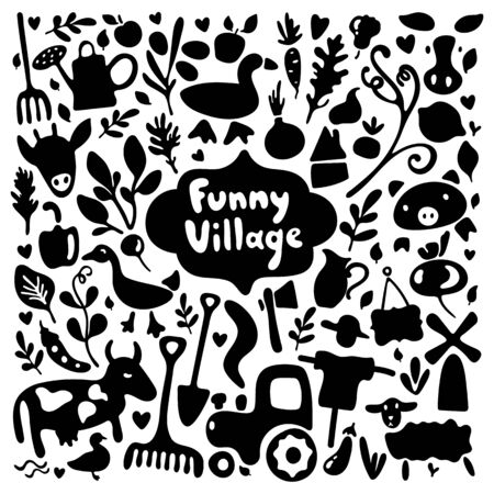 Farm illustration vector set. Cute farm doodles with black elements on white background. Text Funny Village. Rural life in a cartoon style, a lot of small elements. Village doodle stock setのイラスト素材