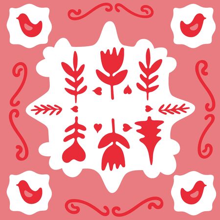 Floral folk doodle art square tile. Scandinavian style with traditional geometric shapes in festive colors. Folklore cliparts elements for tile mosaic, ceramic tableware, napkins, coasters, postcardのイラスト素材