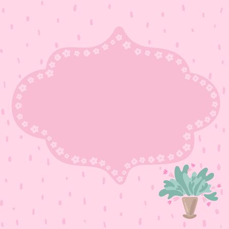 Pink frame for text with dotted background square format. Stock illustration of a pot flowers on the right bottom. Speech bubble. Kawaii delicate shades. Ready for notebook, diary, stickers, remindersのイラスト素材