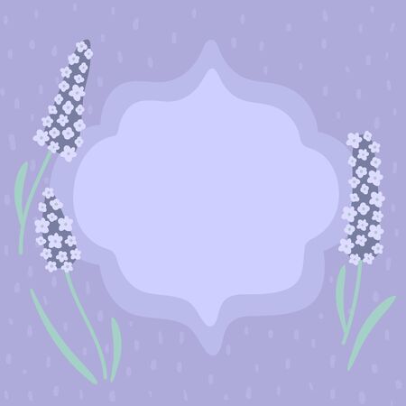 Frame for text with a dotted purple background. Speech bubble stock illustration. Square format. Cute lavender flowers near the vintage frame. Delicate shades of violet. For notebook, diary, stickers.のイラスト素材