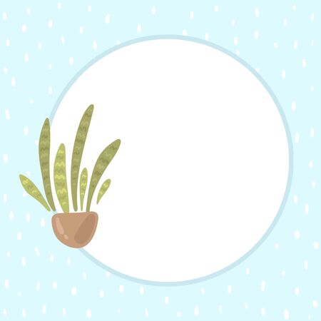 Round frame for text with dotted blue square background. Cute sansevieria plant in a pot. Speech bubble stock illustration. Kawaii delicate shades. For notebook, diary, stickers, reminders, pages.のイラスト素材