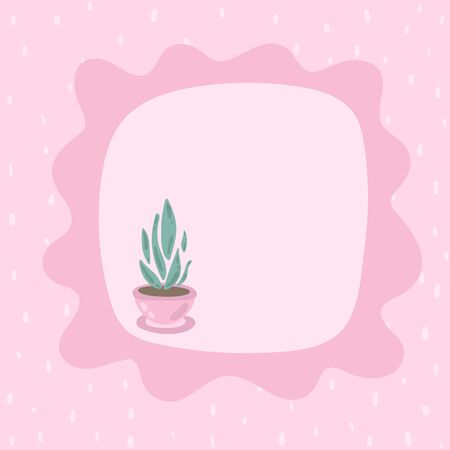 Pink frame for text with dotted tender square background. Cute succulent plant in a pot. Speech bubble stock illustration. Kawaii delicate shades. For templates, social media overlays, card, poster.のイラスト素材