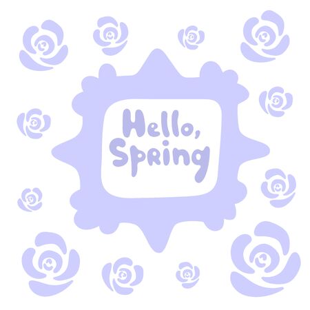 Hello sping - minimalistic doodle square card with lots of abstract roses. Tender lavender colors. Spring violet design for social media, inspirational prints, templates, overlays, cards, postersのイラスト素材