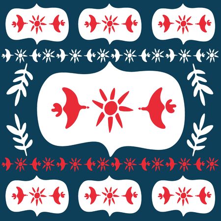 Spring birds flying to the sun. Folk art square tile. Decorative style with traditional geometric shapes in festive colors. Folklore cliparts elements for tile, napkins, coasters, postcard.のイラスト素材