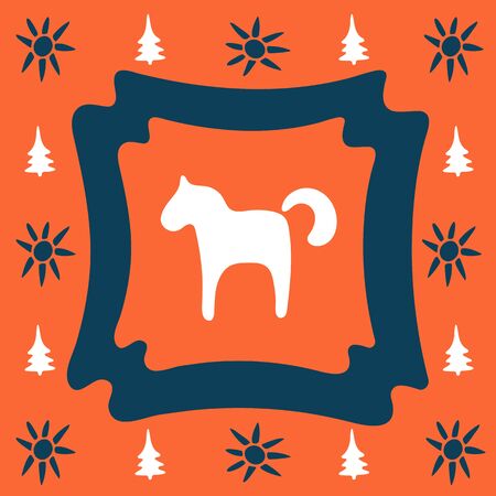 Orange folk doodle square tile with horse. Folklore clipart for tile, napkins, coasters, postcard. Patchwork, ornament, tile mosaic. Ceramic tableware, folk print, pottery. Ethnic background.のイラスト素材