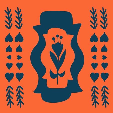 Spring folk doodle art. Square floral tile. Scandinavian style with traditional shapes in dark blue and orange colors. Folklore cliparts elements for notebook, tile, napkins, coasters, postcardのイラスト素材