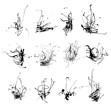 Elegant vector set of ink splashes blots splatter collection. Grunge design element, art messy backdrop. High quality manually traced vector illustration. Liquid shape spatter black white silhouette.のイラスト素材