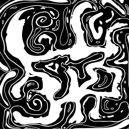 Abstract black spreading spots. Spontaneous imprint and sketched vector contrast black and white background. Retro abstract pattern in art style. Black and white design. Pattern with optical illusion.のイラスト素材