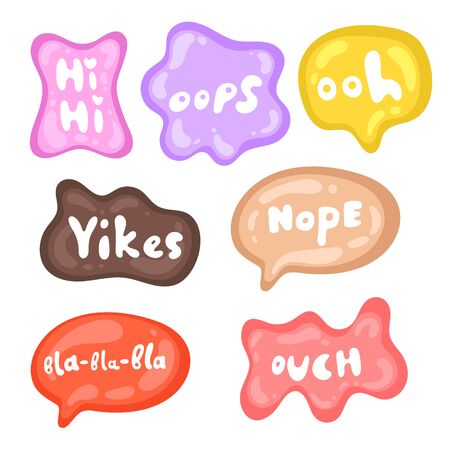 Collection of vector multicolored glossy stickers on white background. Teens millenials culture. Set of stickers on different shapes. Cool expression, slang, comics, gaming style, web, speech bubbles.のイラスト素材