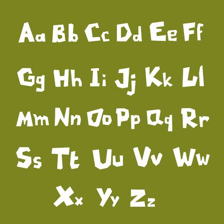 Vector set of English Alphabet on green background. Cute white massive vector English alphabet. Modern childish font. Funny hand made font. Lowercase and uppercase letters. Rough, chopped and brutal.のイラスト素材