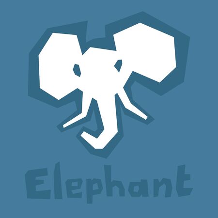 Elephant icon, paper cut. Brutal modern style. Abstract silhouette on a blue background with text. Interactive card for learning English alphabet. White icon, thick outline. Stencil cut lines, DIY.のイラスト素材