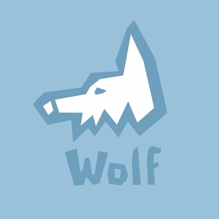 Wolf head profile icon, paper cut. Brutal modern style. Abstract silhouette on a blue with text. Interactive card for learning English alphabet. White icon, thick outline. Stencil cut lines, DIY.のイラスト素材