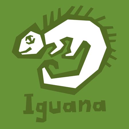 An illustration of a happy green cartoon Iguana lizard. Iguana linear icon. Thick line art. Herbivorous lizard. Contour symbol. Outline drawing, interactive card for learning English alphabet.のイラスト素材