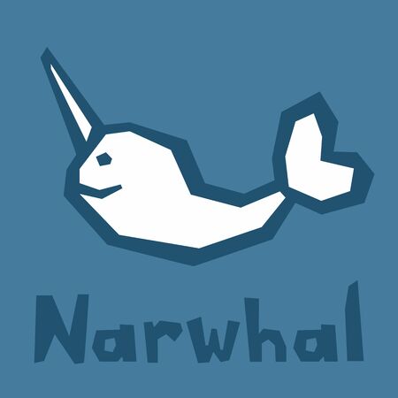 Narwhal animal vector silhouette illustration on blue. Brutal modern style. Text - funny lettering. Interactive card for learning English alphabet. White icon, thick outline. Stencil cut lines, DIY.のイラスト素材