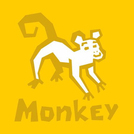 Vector stylized Monkey illustration Isolated on yellow background. Cute playful monkey icon. Brutal modern style. White icon, thick outline, text. Interactive card for learning the alphabetのイラスト素材