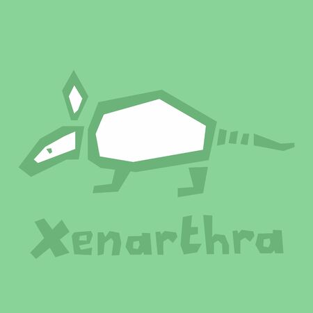 Xenarthra. Illustration of a cute cartoon armadillo. An ancient lineage of mammals. Brutal modern style. Light cold green background, thick outline, text. Interactive card, learning English alphabetのイラスト素材