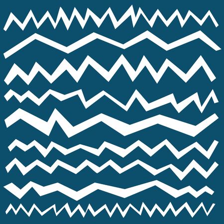 Set of a white broken zigzag line. Wide strokes isolated on blue. Irregular elements. Square tile, modern design style. Line curve with sharp corners. Asymmetrical horizontal line. Paper cut line.のイラスト素材