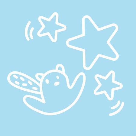 Cute kawaii animal character is flying to the stars. Funny beaver    design template. Symbol for web and print. Animal linear preschool illustration in trendy minimalistic style. Baby showerのイラスト素材
