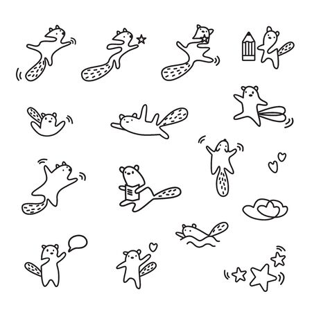 Cute kawaii animals linear set. Character in motion process playing out different situations. Funny beaver, flying squirrel    design template in minimalistic style. Modern care and educationのイラスト素材