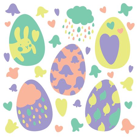 Colorful Easter Eggs Doodle Set Decorations. Spring Flowers. Bright Colors. Great for postcard, fabric, holiday ideasのイラスト素材