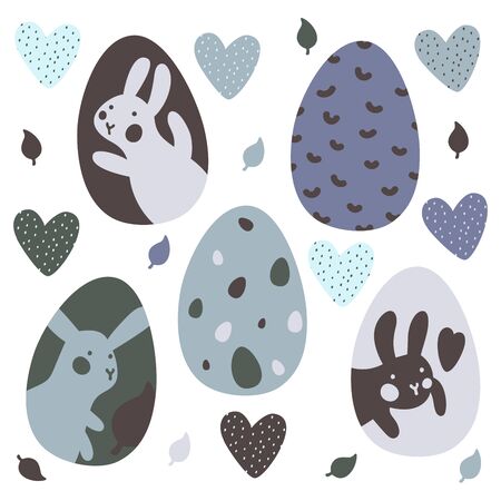 Colorful Easter Eggs Doodle Set Decorations. Spring Flowers. Bright Colors. Great for postcard, fabric, holiday ideasのイラスト素材