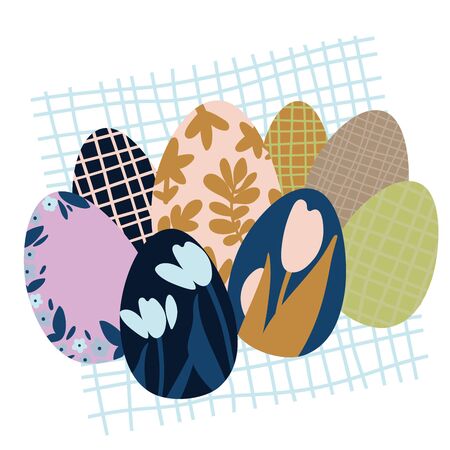Colorful Easter Eggs Doodle Set Decorations. Spring Flowers. Bright Colors. Great for postcard, fabric, holiday ideasのイラスト素材