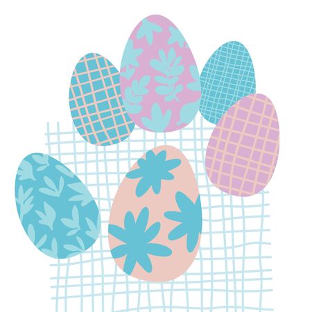 Colorful Easter Eggs Doodle Set Decorations. Spring Flowers. Bright Colors. Great for postcard, fabric, holiday ideasのイラスト素材
