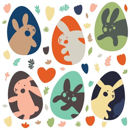 Colorful Easter Eggs Doodle Set Decorations. Spring Flowers. Bright Colors. Great for postcard, fabric, holiday ideasのイラスト素材