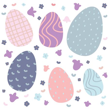 Colorful Easter Eggs Doodle Set Decorations. Spring Flowers. Bright Colors. Great for postcard, fabric, holiday ideasのイラスト素材