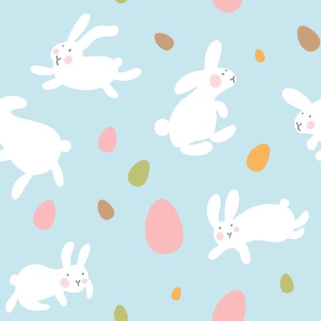 Seamless vector pattern with eggs and rabbits on light blue background. Hares jump all around and collect Easter eggs. Kawaii pattern for little kids, gifts, interior, easter goods. Hello Easter dayのイラスト素材