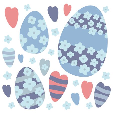 Colorful Easter Eggs Doodle Set Decorations. Spring Flowers. Bright Colors. Great for postcard, fabric, holiday ideasのイラスト素材
