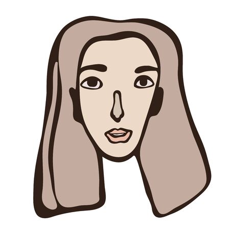 Minimalistic linear isolated school girl portrait. White face with dark eyes. Simple facial features. Scandinavian primitive graphic style. Calm colour combination. Blog, social media, tattoo ideaのイラスト素材
