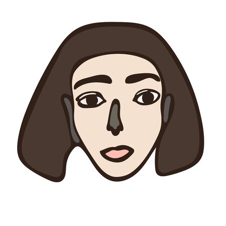Minimalistic linear isolated female portrait. Brown haired girl, white face with dark eyes. Simple facial features. Scandinavian primitive graphic style. Calm colour combination. Blog, social mediaのイラスト素材