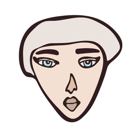 Minimalistic linear isolated female portrait. Short haired girl, white face with light eyes. Simple facial features. Scandinavian primitive graphic style. Calm colour combination. Blog, social mediaのイラスト素材
