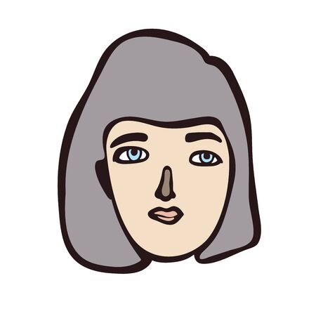 Minimalistic linear isolated female portrait. Gray haired girl, white face with light eyes. Simple facial features. Scandinavian primitive graphic style. Calm colour combination. Blog, social mediaのイラスト素材
