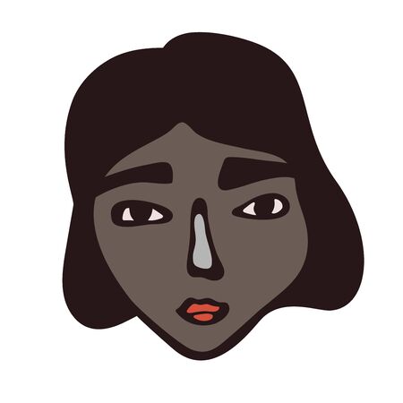 Minimalistic linear female portrait. Dark short hair, dark face with brown eyes. Vietnamese facial features. Scandinavian primitive graphic style. Simple colour combinationのイラスト素材