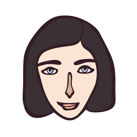 Minimalistic linear female portrait. Dark haired girl, white face with light eyes. Simple facial features. Scandinavian primitive graphic style. Calm colour combination. Blog, social media feedのイラスト素材