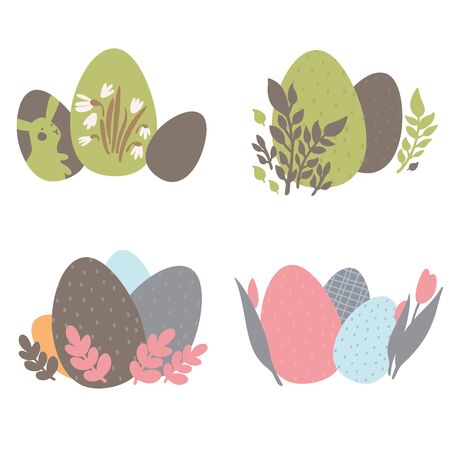 Colorful Easter Eggs Doodle Set Decorations. Spring Flowers. Bright Colors. Great for postcard, fabric, holiday ideasのイラスト素材