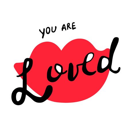 Happy Valentines Day Typographic postcard. Square format. Lettering With red lips and phrase you are loved. Vector Illustration of a Valentine s Day. Isolated image on white Background.のイラスト素材