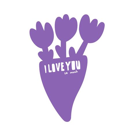 Happy Valentines Day Typographic postcard. Square format. Lettering word I love you so much in doodle style. Purple bouquet with three tulips. Vector Illustration of a Valentine s Day.のイラスト素材