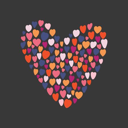A large motley heart consists of small colored hearts on a dark background. Happy Valentines Day. Romantic postcard. Square format. Gray, violet, orange, and pink Hearts.のイラスト素材