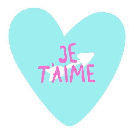 Blue neon Heart, pink text and arrow. Valentines Day Typographic. Square format. Phrase I love you in french. Vector Illustration of a Valentine s Day.のイラスト素材